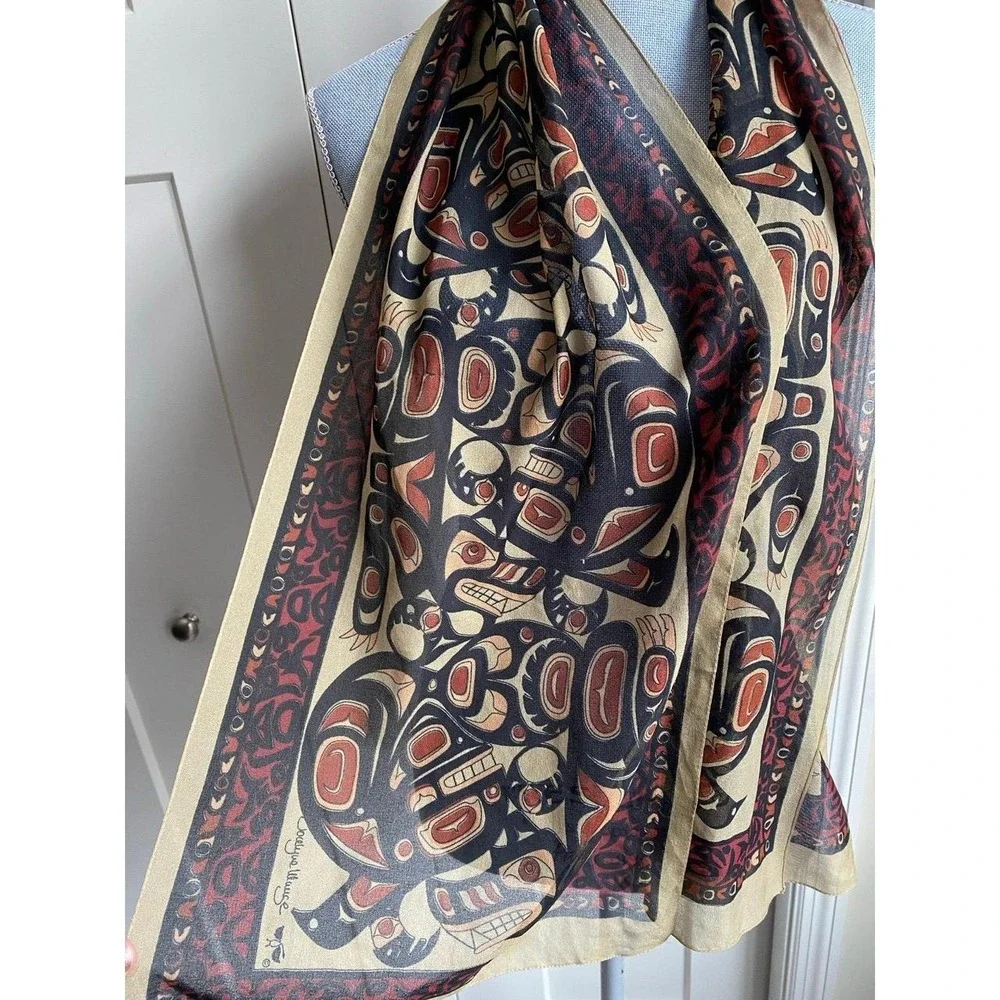 Jocelyn Waugh Indigenous Artist Sheer Silk Scarf Inuit Black Brown 60